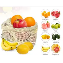 3Pcs Cotton Mesh Bags Washable Drawstring Vegetable Bags Reusable Fruit Organization Pouch(18x25cm