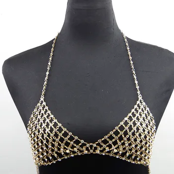 

Silver Gold Metallic Alloy Body Chain Bra Crops Top Breast Jewelry Summer Night Club Women Strap Statement Rhinestone Bra Chain