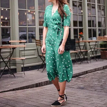 

Women Polka Dot Wrap Midi Dress Short Sleeve Summer Green V-neck Holiday Beach Female Long Dresses With Sashes 2020 New
