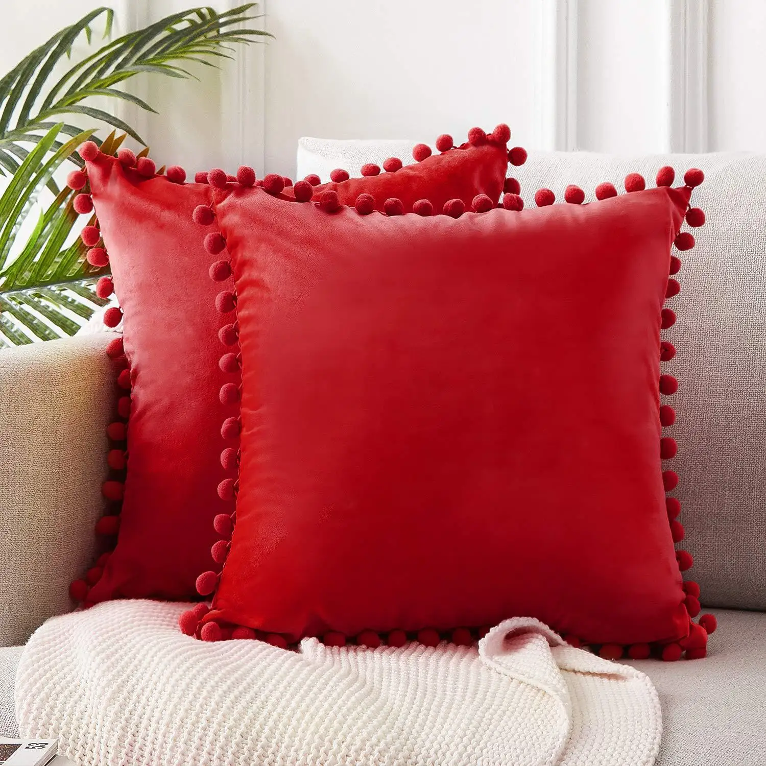 Velvet Decorative Cushion with Ball Home Decor Sofa Pillowcase  Pure Color Drop Ball Plush Car Home Office Throw Pillowcase 