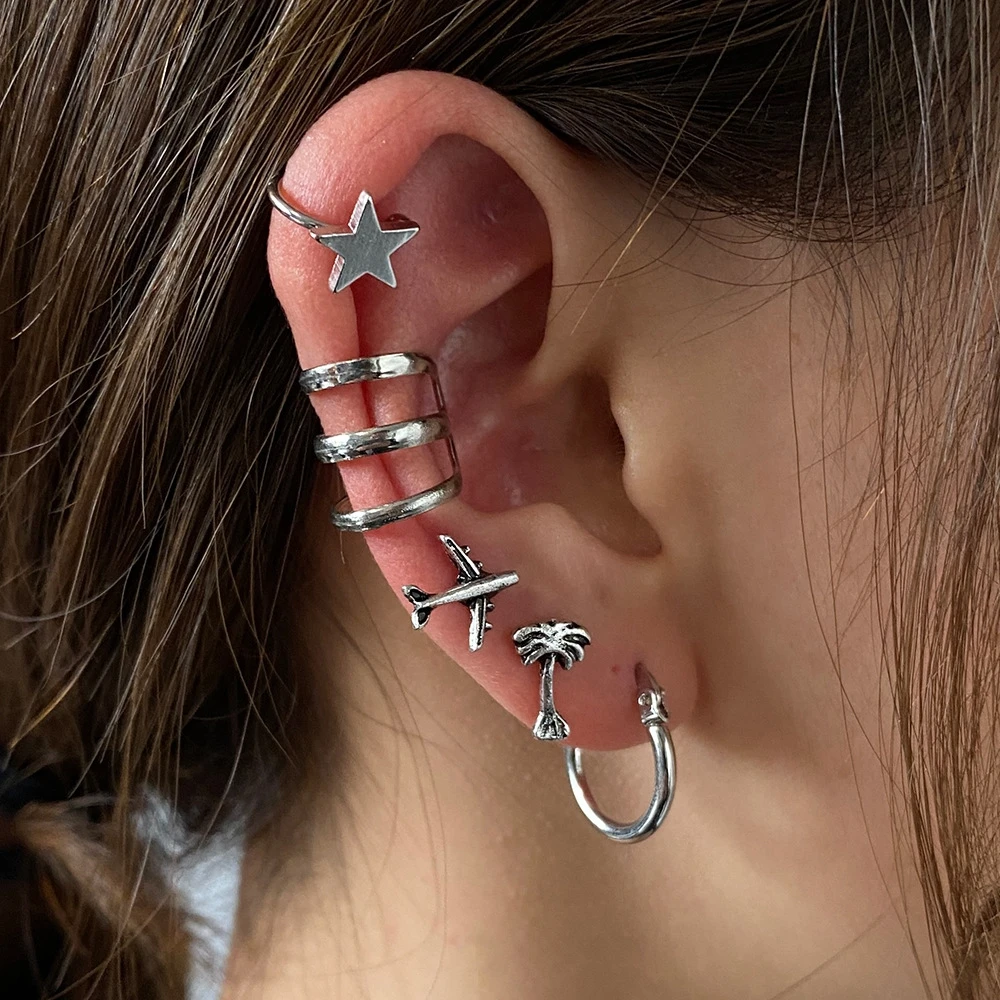 

5PCS/Set Retro Fashion Trend Metal Ear Bone Clip Combination Star Airplane Coconut Tree Earrings Jewelry Women