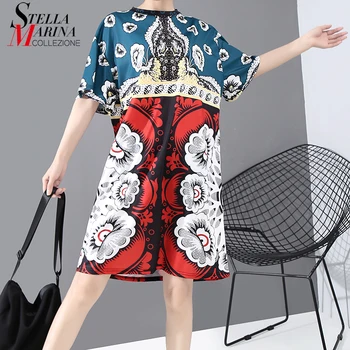 

New 2019 Women Short Sleeve Summer Casual Straight Dress Plus Size Geometric Multicolor Printed Ladies Cute Midi Dress Robe 5984