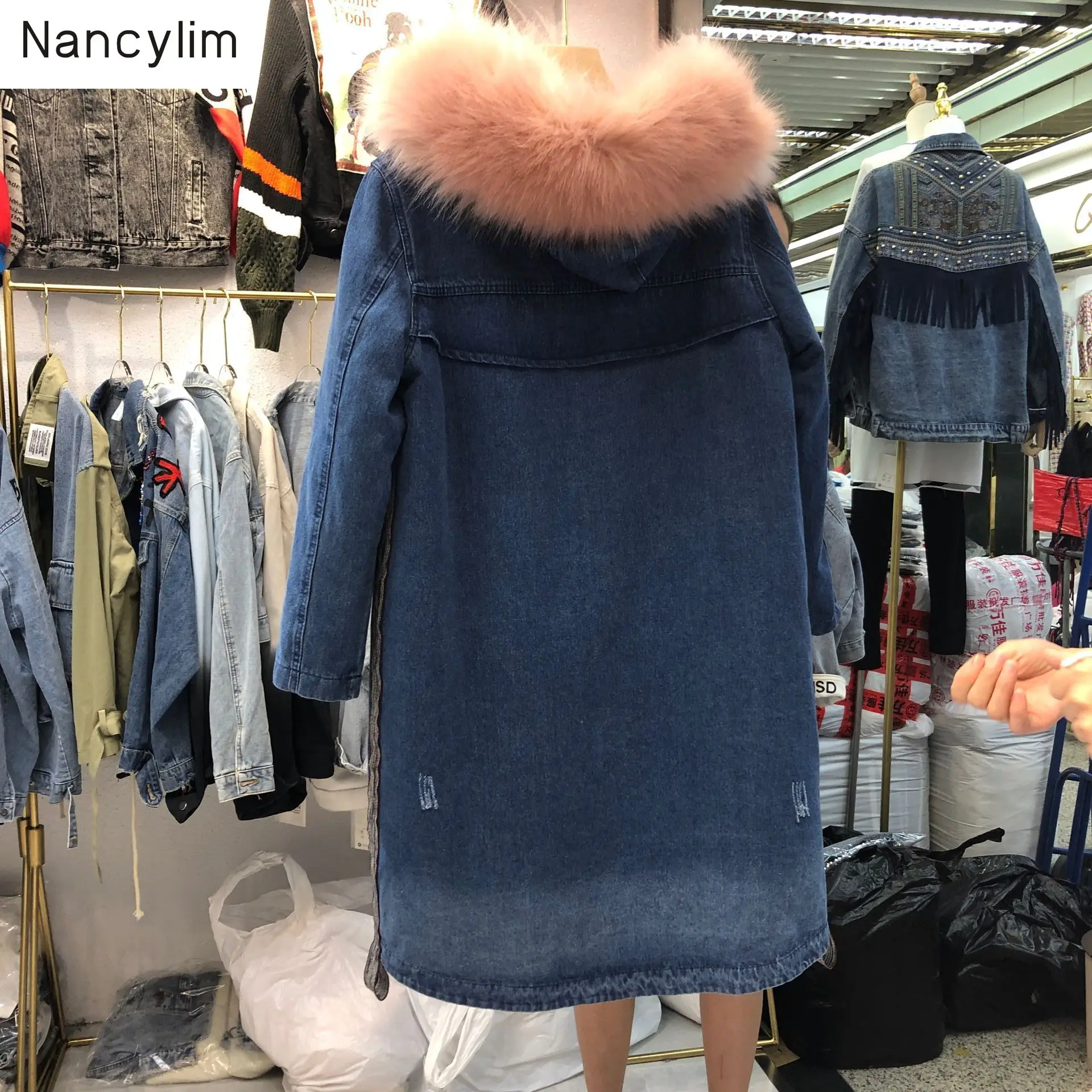 

Winter Padded Women's Long Cap Winter Streetwear Coat Loose Thickened Imitation Cashmere Lamb Wool Denim Jacket Large Collar