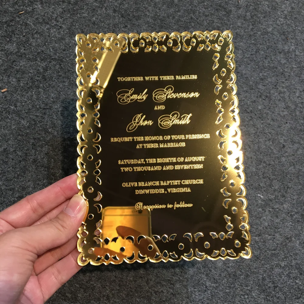  15 Pieces Per Lot Hollow Out Style Golden Mirror Acrylic Invitation Cards Laser Engraved Letters SH - 4.0002E+12