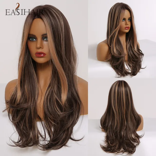 EASIHAIR Long Dark Brown Women's Wigs with Bangs Water Wave Heat Resistant Synthetic Wigs for Black Women African American Hair LC277-1