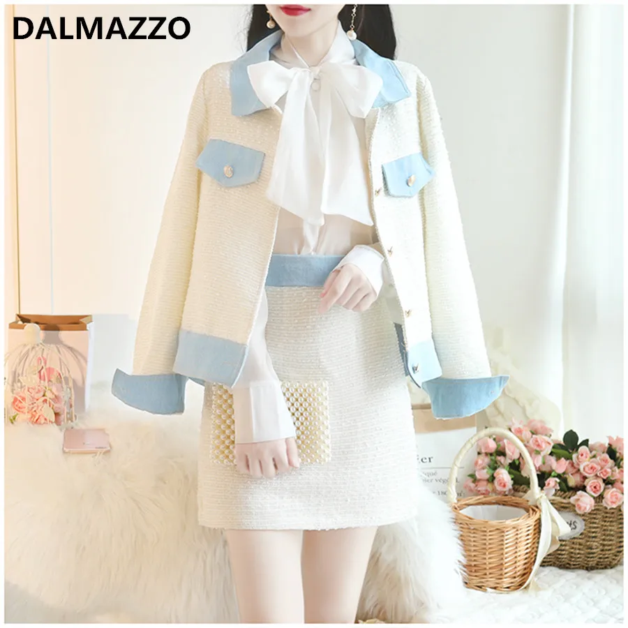 

2019 New Arrival Autumn Women's Suits Tweed Woolen Long Sleeve Patchwork Cowboy Short Coat Jacket +Mini Skirt 2 Pieces Sets