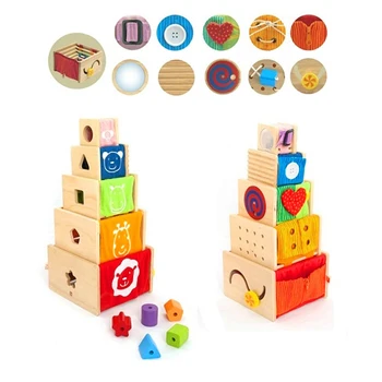 

3D Wooden Puzzle Stacking Cubes with 5 String Blocks, Kids Basic Life Skill Learning Toy Gift