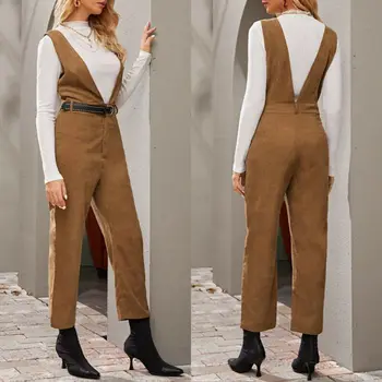 

Cotton Corduroy Jumpsuit Women Loose Casual Fashion Bodysuit Autumn Vintage Strap Women Rompers Jumpsuit Solid Brown