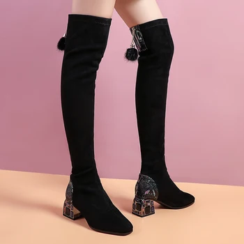 

Aliona Shoo Crystal Heels Winter Over The Knee Boots Women Stretch Fabric Women Thigh High Sexy Woman Shoes Long Bota Feminina