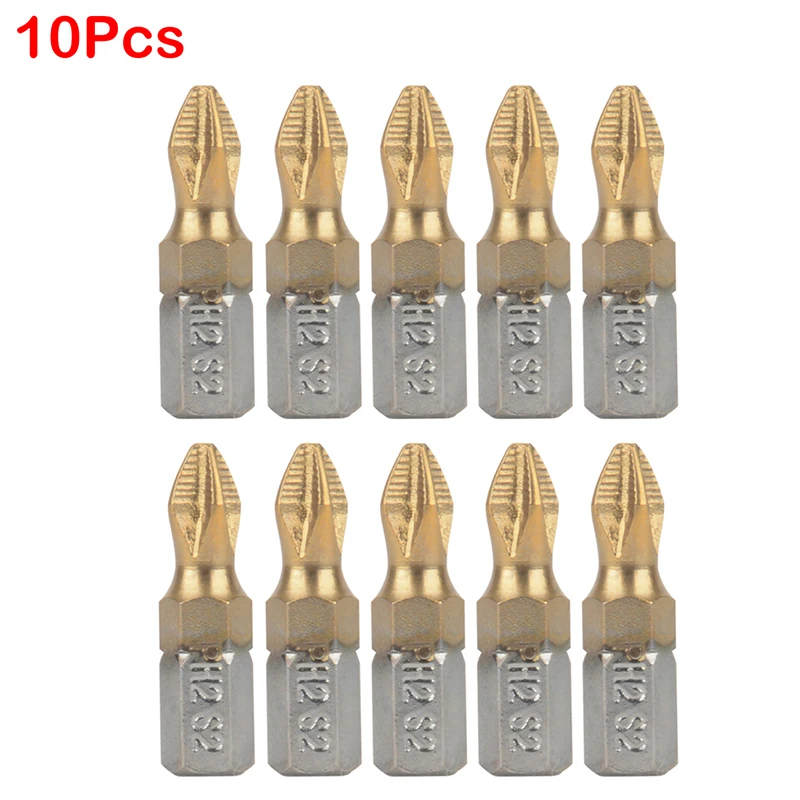 

Cross Head Drill PH2 1/4"Hex Shank 25mm Length S2 Titanium Coated Anti-slip Magnetic Screwdriver Bits Set 10Pcs