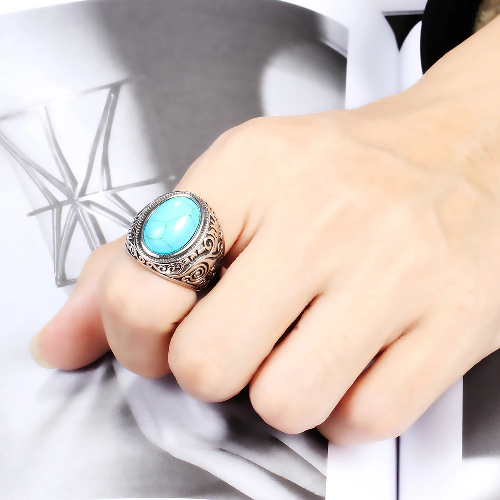 Wholesale Retro Jewelry turquoise Stone Rings For Men Titanium Steel Inlaid Three Colors Onyx Ring Men Domineering Opal Ring 3