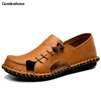 

Sandalias De Hombre Genuine Leather Sandalias De Playa Summer Casual Shoes Leather Sandals Hand Sewing Fashion Chaussure Homme