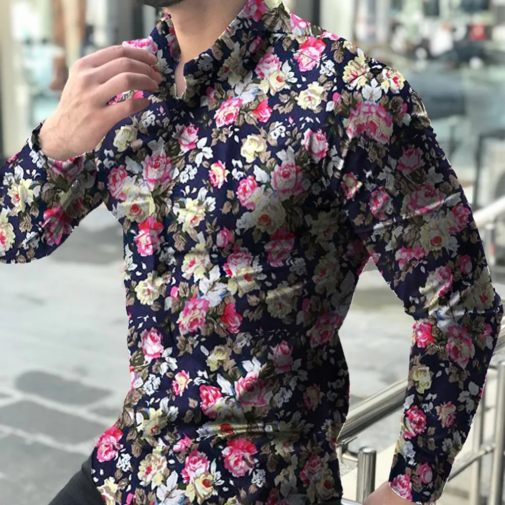 Модная мужская рубашка с длинным рукавом и цветочным принтом, весенне-осенние Рубашки, Мужская одежда, Camisa, приталенный, на пуговицах, воротник с отворотами, мужская рубашка
