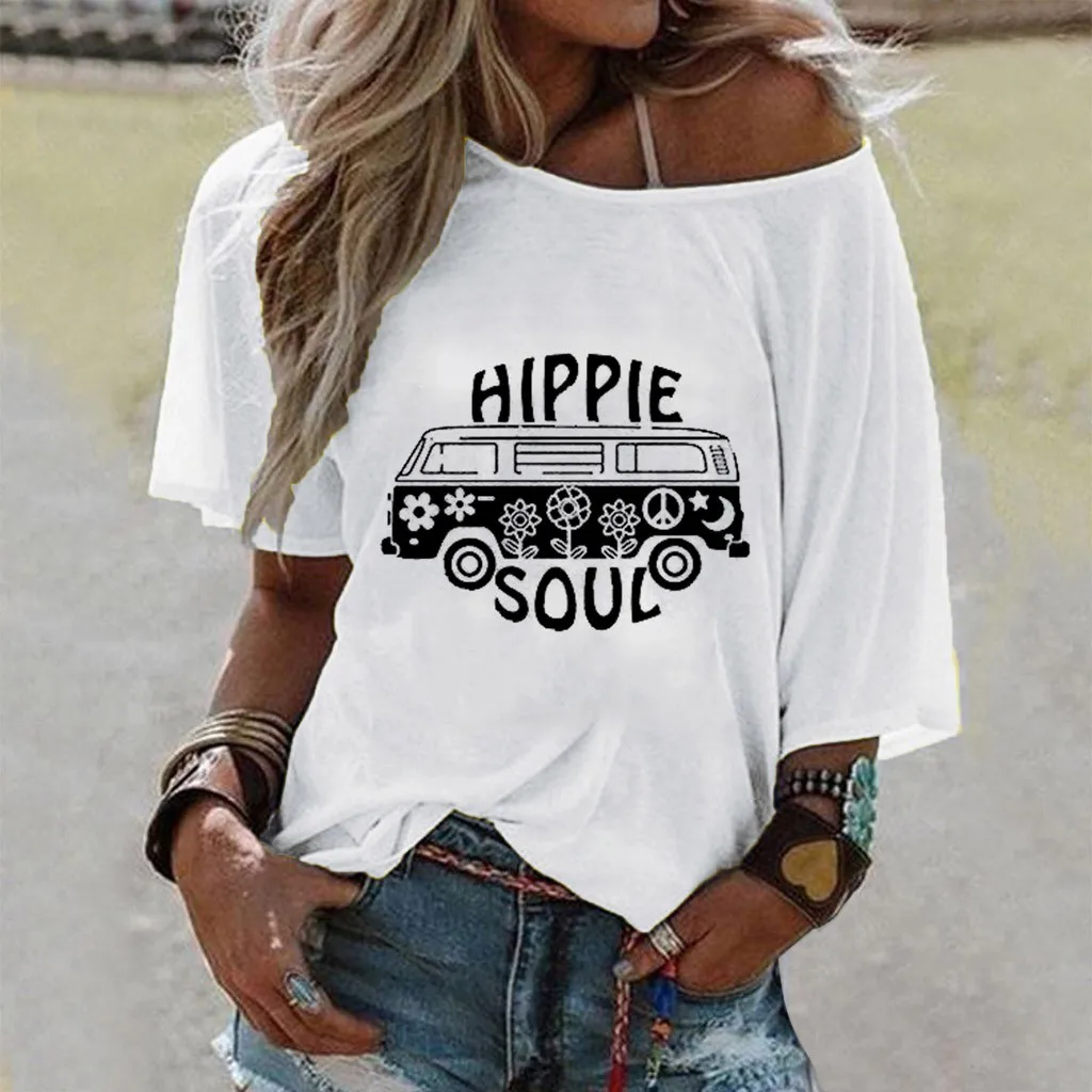 

HIPPIE SOUL Letter Print T-shirt Women Fashion Casual Round Neck Wild Loose Shirt New Large Size Short Sleeved T Shirt Clothes