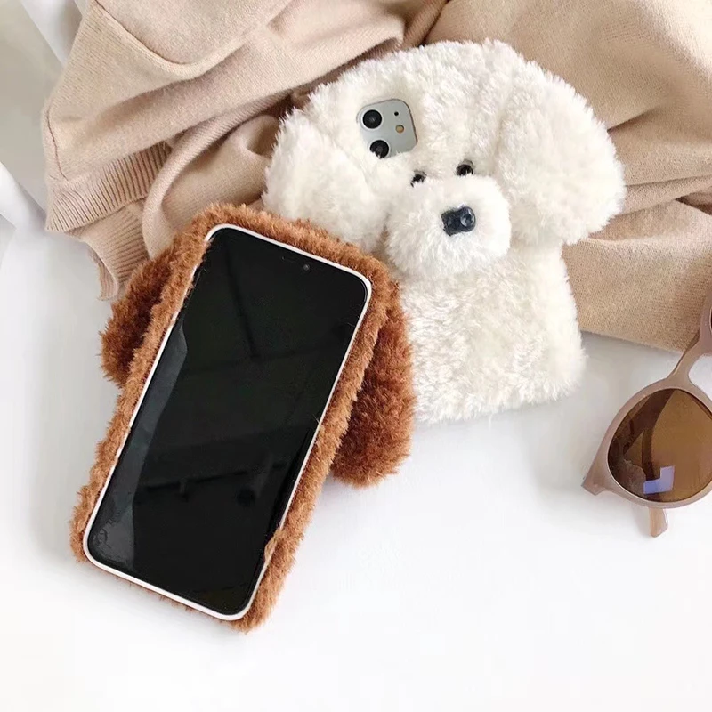 Hot Super Cute 3D Cartoon Dog Plush Soft Phone Case for iPhone 12 Mini