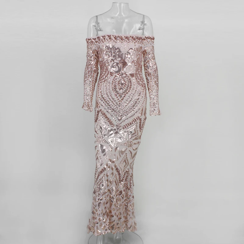 С открытыми плечами Макси белое длинное платье сетка Bodycon Sequin платье для женщин без бретелек Вечерние сексуальные летние платья Vestido - Цвет: Khaki