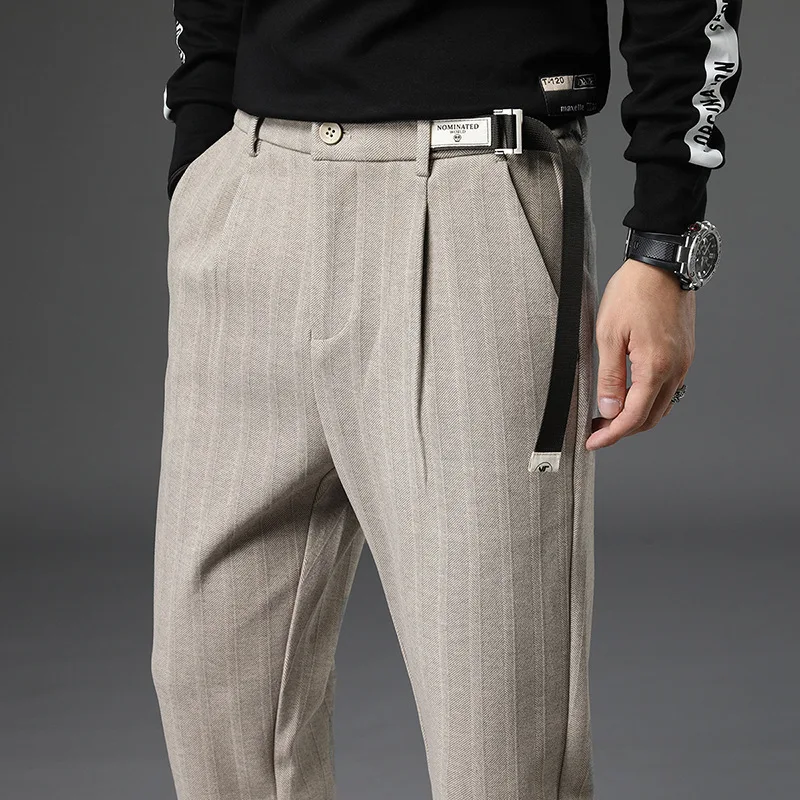 Traje a rayas para hombre, pantalones gruesos de lana para oficina, traje Formal, ropa recta, pantalón ajustado, estilo británico, 2021