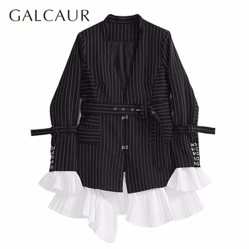 

GALCAUR Striped Hit Color Women's Coat Long Sleeve Casual Patchwork Ruffles Bandage Suits Female Fashion Clothes 2020 Tide