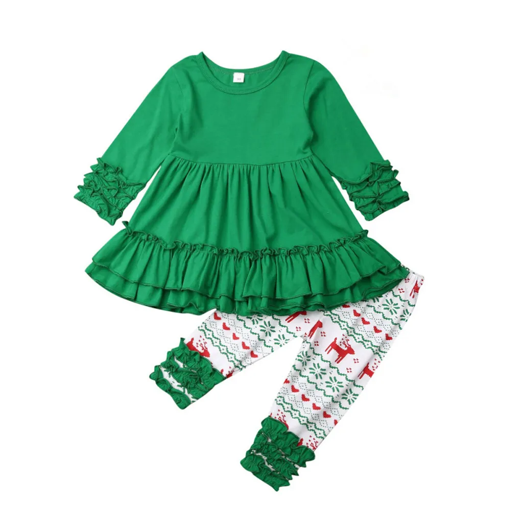Рождественская одежда для малышей; милое рождественское многослойное платье с рукавами «Мандарин» для маленьких девочек+ штаны с рисунком лося; одежда для малышей; Одежда для новорожденных