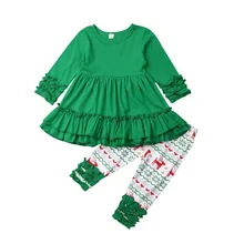 Рождественская одежда для малышей; милое рождественское многослойное платье с рукавами «Мандарин» для маленьких девочек+ штаны с рисунком лося; одежда для малышей; Одежда для новорожденных
