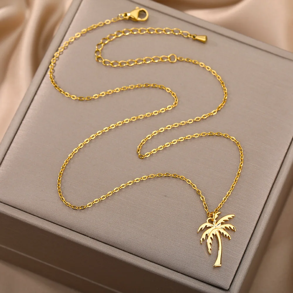 Coconut Palm Tree Necklace Stainless Steel Gold Choker Pendant