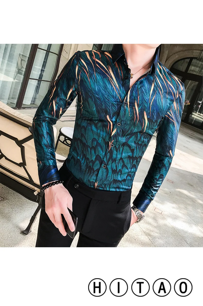 Новые осенние Для мужчин рубашка с принтом листьев длинный рукав; пуговицы Тонкий Для Мужчин's дизайнерская рубашка мужская мода для вечерние Ретро принт рубашка в клетку Chemise Homme