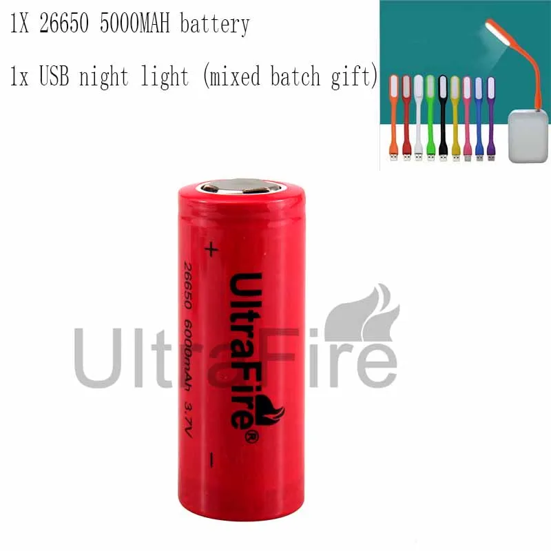 Battery UltraFire 26650 3,7 V 6000 мАч литий-ионная аккумуляторная батарея без pro фонарь Фонари зарядки банка Батарея luz USBLED ночной Светильник - Цвет: Battery
