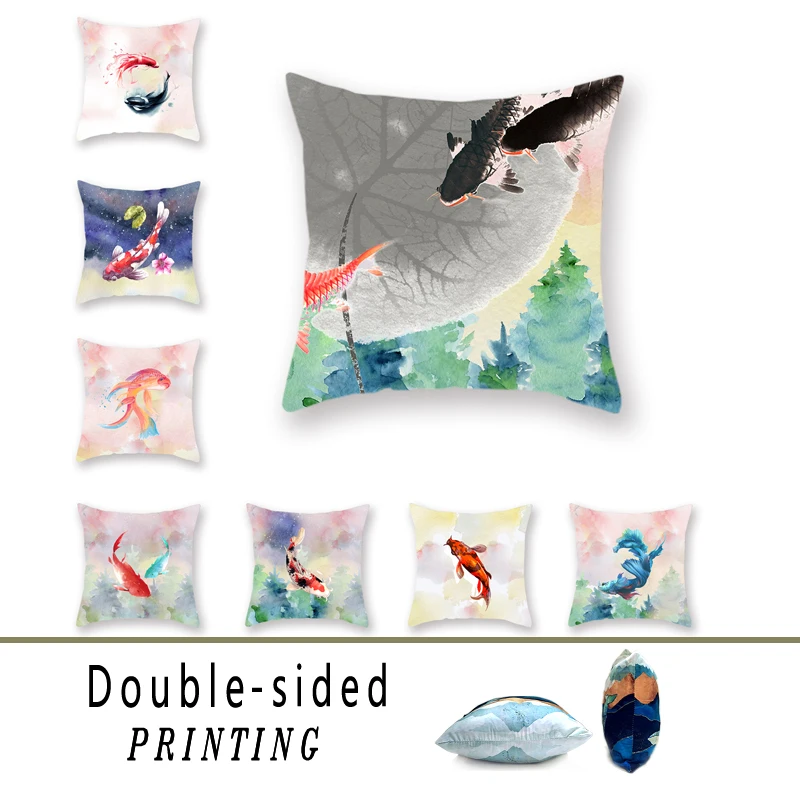 

Chinese Goldfish Lotus Double-sided Polyester Printed Cushion Cover Watercolor Ink Pattern Car Bed Fluffy Pillowcase Decoration