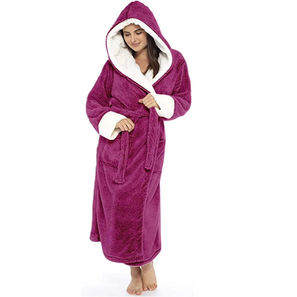 Winter Plush Lengthened Shawl Soft Bathrobe With Hood Women Nightgown Home Clothes Warm Bath Robes Dressing Gowns Robe Coat 12.5