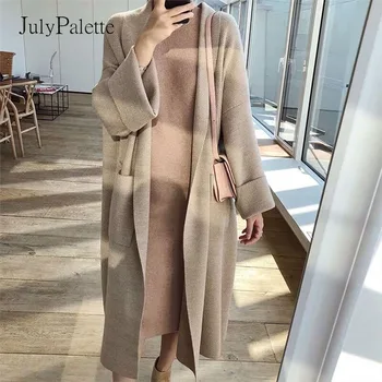 

JulyPalette 2020 Autumn Winter Thicken Knitted Coats Office Ladies Long Knitted Cardigan Casual Female Open Stitch Sweater Coat