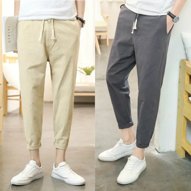 

Thin Men Medium Waist Cotton Linen Solid Color Skinny 9 Pants Flax Large Size Versatile Casual Trousers Flax Casual Pants