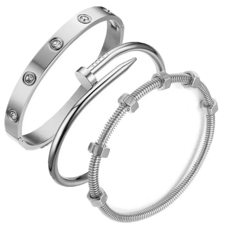 Silver set 2 Прекрасный винт и гайка ногтей& любовь кристалл манжеты Набор браслетов нержавеющая сталь манжеты Открытый браслет для запястья женщины и мужчины размер - Окраска металла: Silver set 2