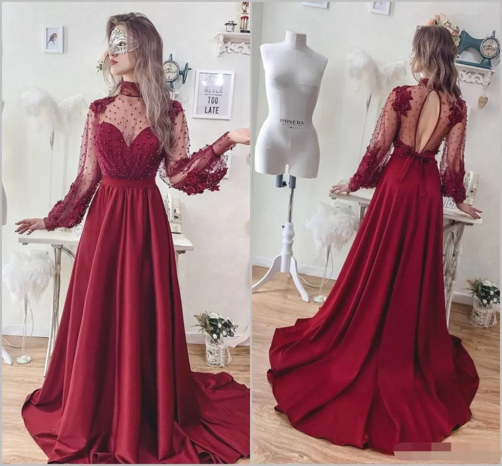 

Burgundy Long Sleeve Evening Dresses High Neck Beads Prom Gowns Plus Formal Dress evening Custom robe de soiree