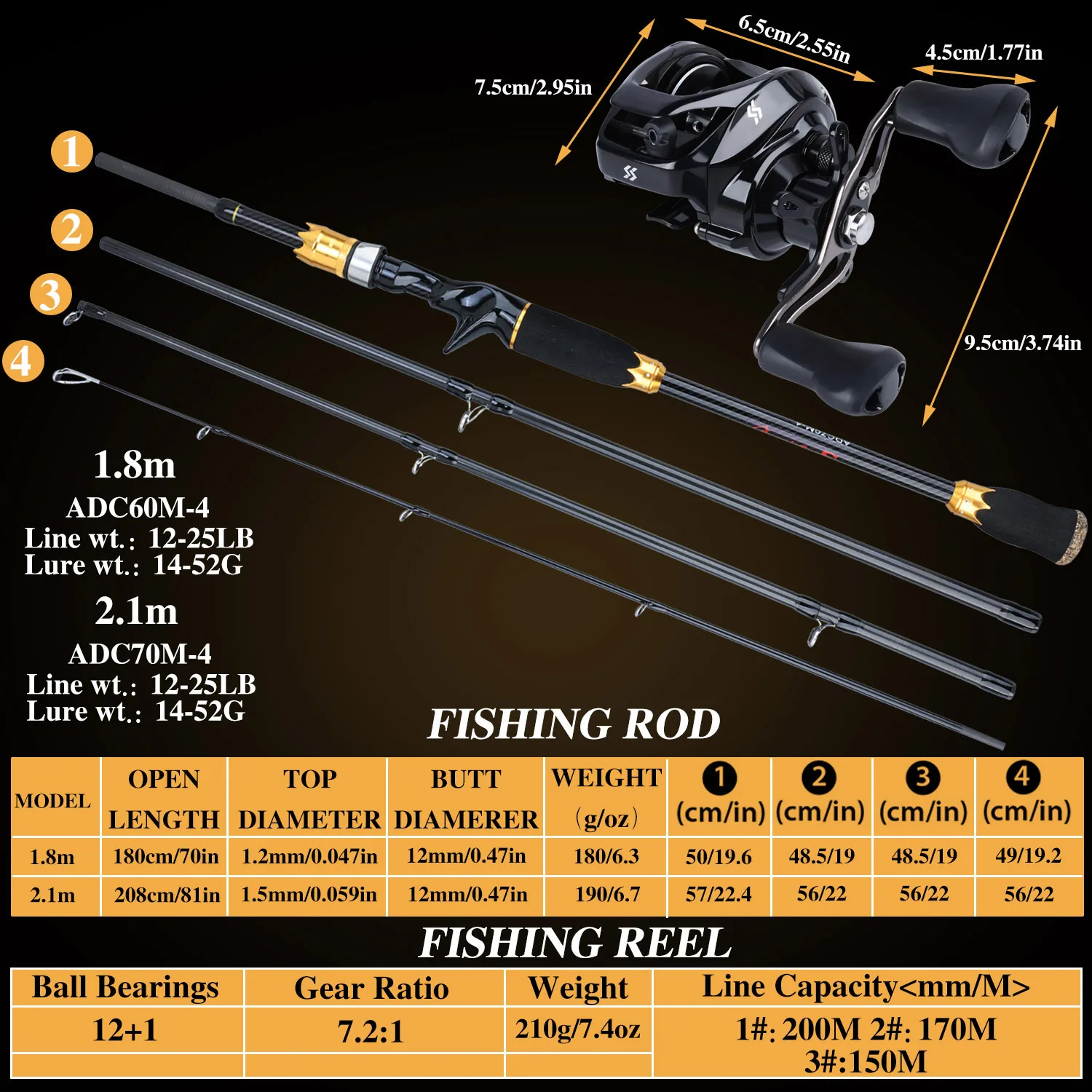 Sougayilang Fishing Rod Combo 1.8m 2.1m Portable 4 Sections Carbon Rod and 12+1BB Baitcasting Reel Fishing Wheels Set Pesca