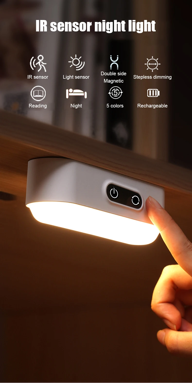 Intelligent Auto PIR Motion Sensor LED Rechargeable Magnetic Night Light Dimming Wall Light Kitchen Cabinet Light Lamp 5 Colors