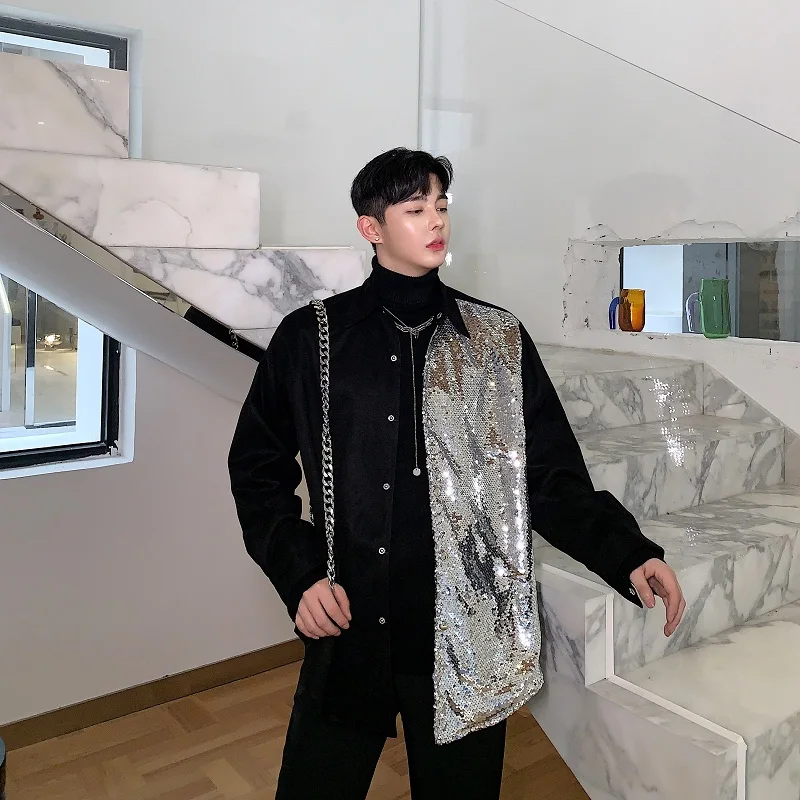 

Male Streetwear Hip Hop Punk Gothic Shirt Coat Jacket Men Suede Fabric Sequins Splice Long Sleeve Loose Casual Vintage Shirt