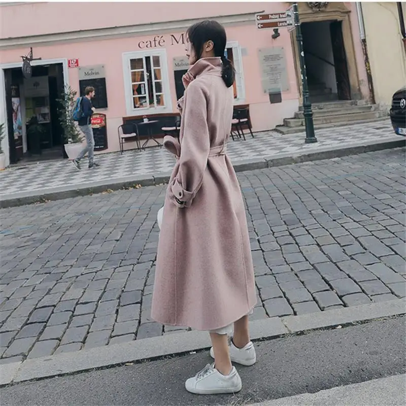 2019 New Korea Style Pink Cashmere Outwear Casual Long Turn Down Collar Adjustable Waist Winter Woolen Women Coat 2019 New Korea Style Pink Cashmere Outwear Casual Long Turn Down Collar Adjustable Waist Winter Woolen Women Coat
