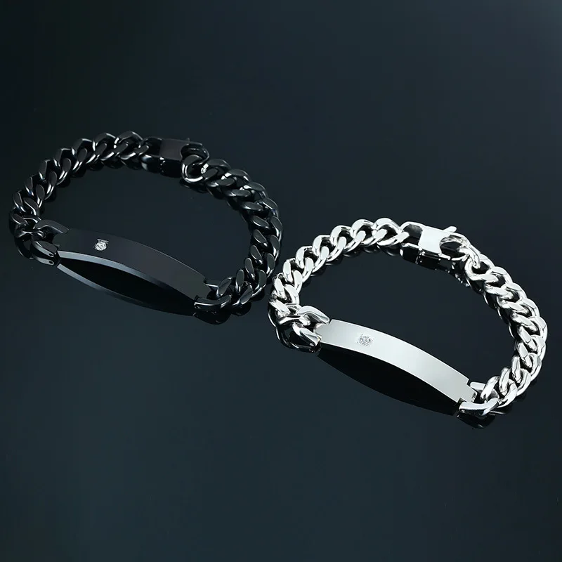 Black Stainless Steel Crystal Bracelet Curb Cuban Chain Smooth Bar ID Bracelets for Men Women Bangles