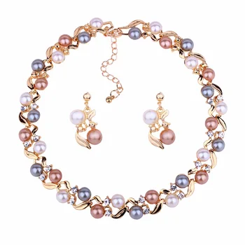 

New Elegant Party Imitation Pearls Jewelry Set Luxury Crystal Gold Color Round Statement Necklace Sets Pearls Drop Earrings Set