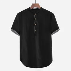 Camisas masculinas de linho de algodão sólido manga curta botão verão solto camisetas sólido plus size camisa t blusa masculina