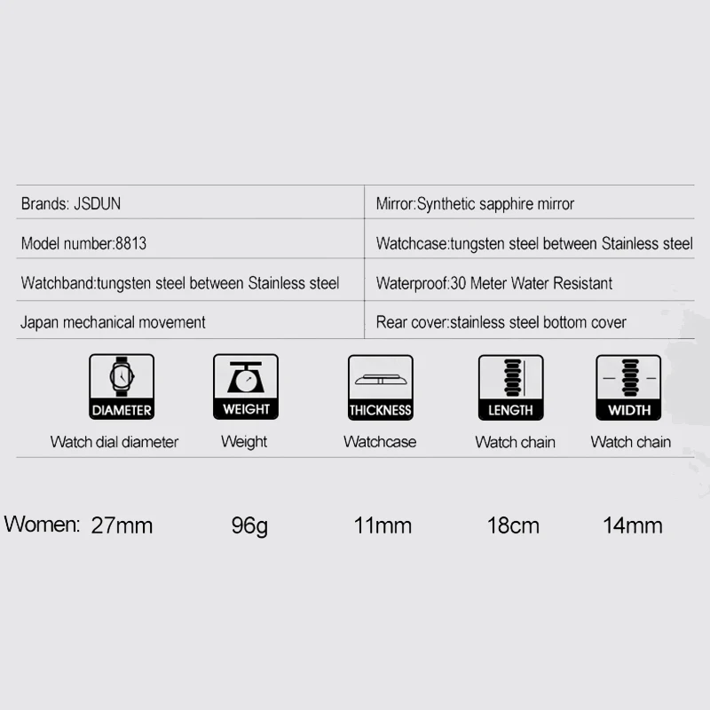 JSDUN часы от производителя оптом роскошные простые вольфрамовые стальные водонепроницаемые женские автоматические механические часы Relogio Feminino