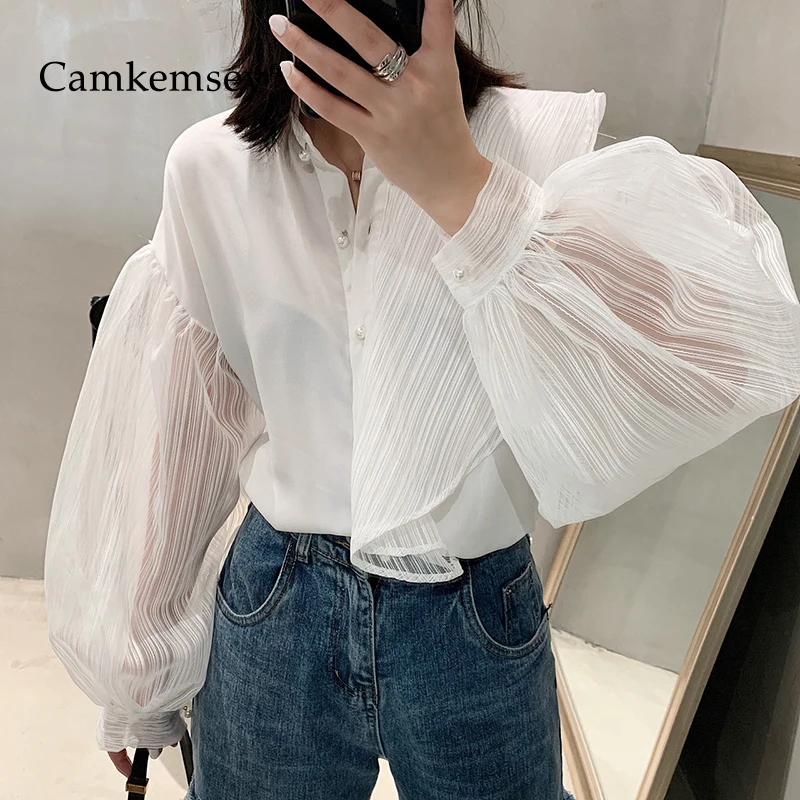 

CamKemsey Office Lady Casual White Blouses Shirts Spring Mesh Lantern Sleeve Patchwork Elegant Party White Blouses
