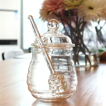 

250ml Glass Honey Pot Clear Jam Jar Set with Dipper and Lid for Home Kitchen Use