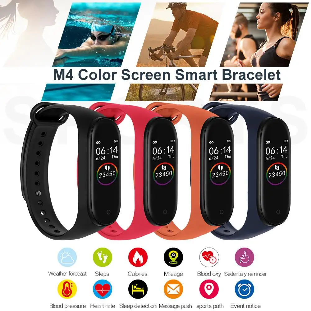 

Newest M4 Smart Bracelet Message Remind Color Screen Sports Bracelet Heart Rate Blood Pressure Monitoring Fashion Smartwatch