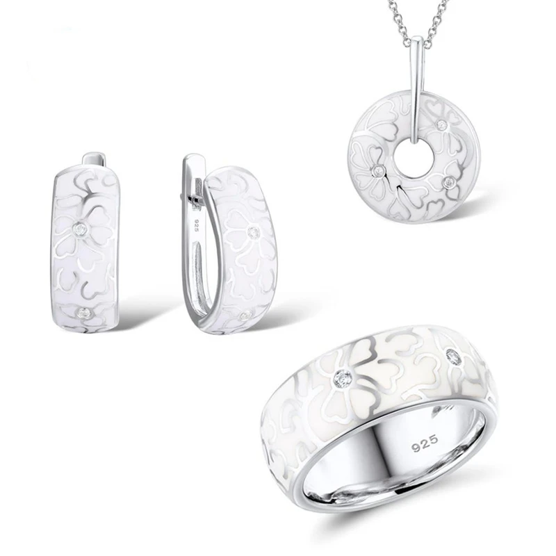 Jewelry Set For Women Enamel Flower CZ Ring Earrings Pendant