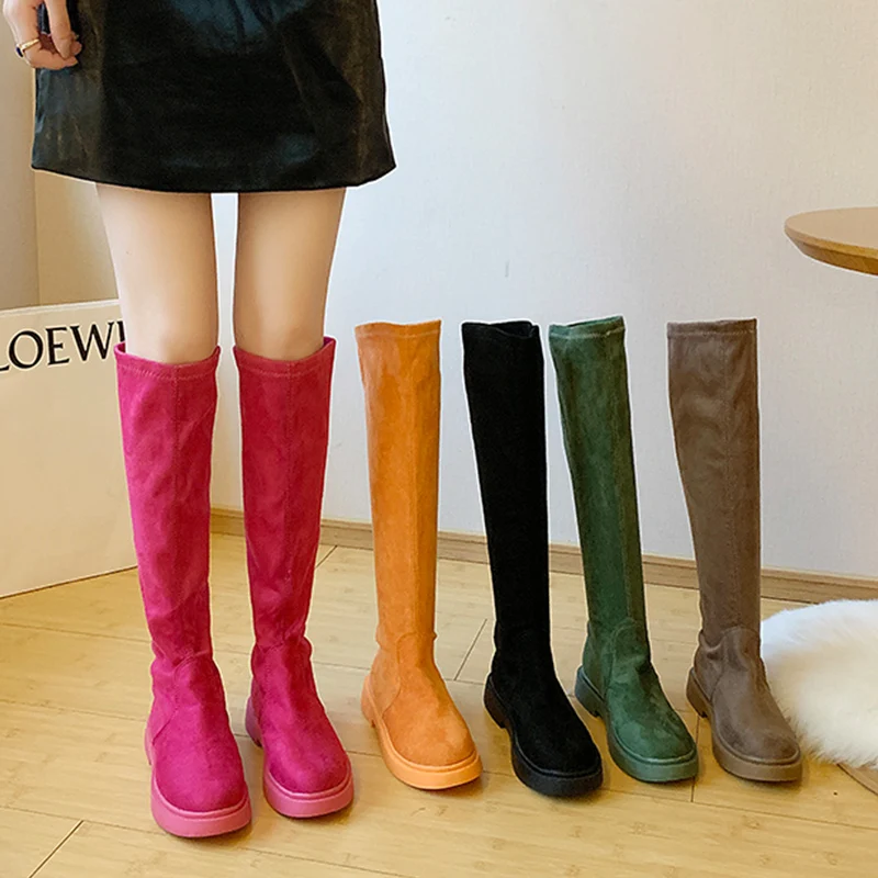 

Slip On Orange Green Pink Boots 2019 New Platform Rubber Boots Fashion Over The Knee Women Stretch Autumn Black Boots Women