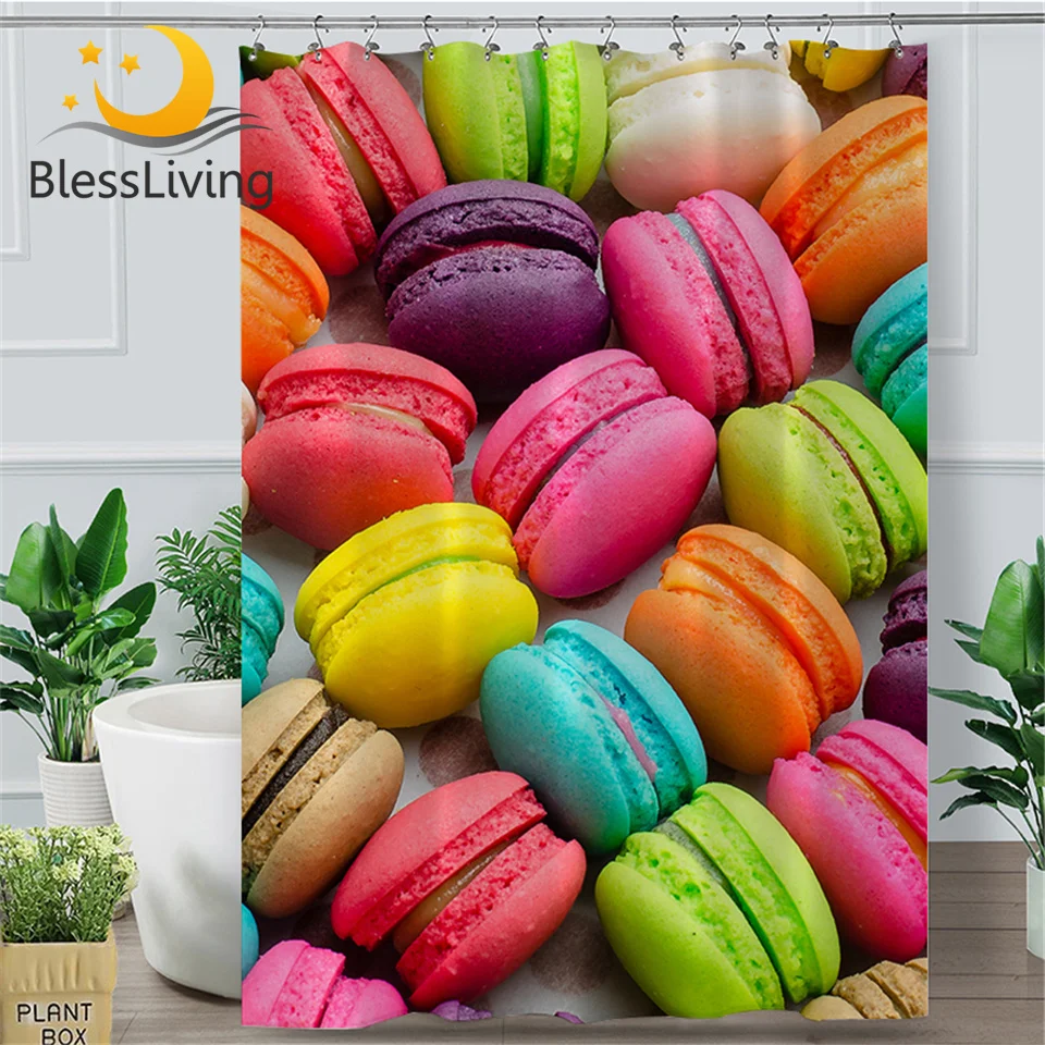 

BlessLiving French Macaron Shower Curtain Colorful Bath Curtain With Hooks 3D Print tenda doccia Dessert Food Waterproof Curtain