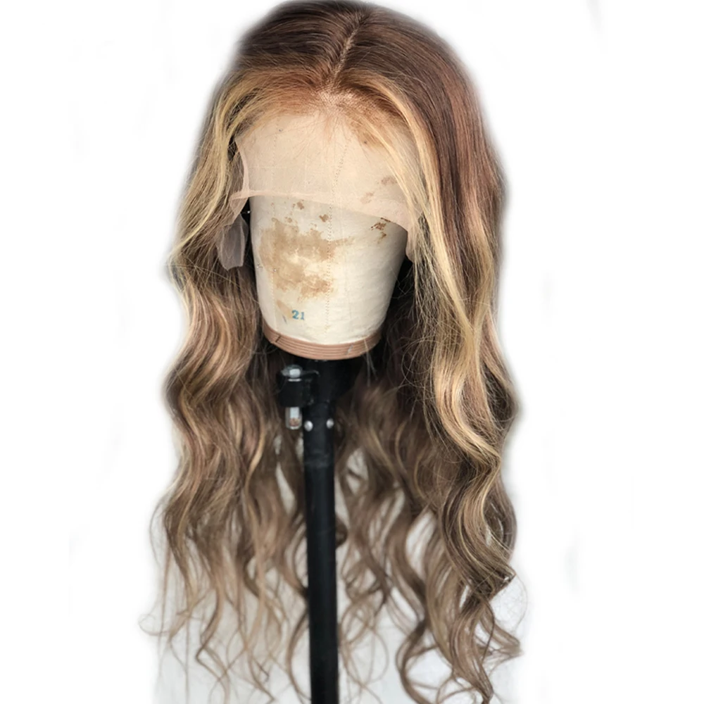 SimBeauty волна тела 13x4 бесклеевая кружевная передняя часть человеческих волос парики для женщин коричневый цвет кружева спереди al парик предварительно сорвал
