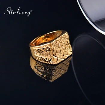 

SINLEERY Luxurious Wide Free Size Pure Copper Rings Yellow Gold Color Geometric Patterns Rings For Men Fashion Jewelry JZ630 SSH