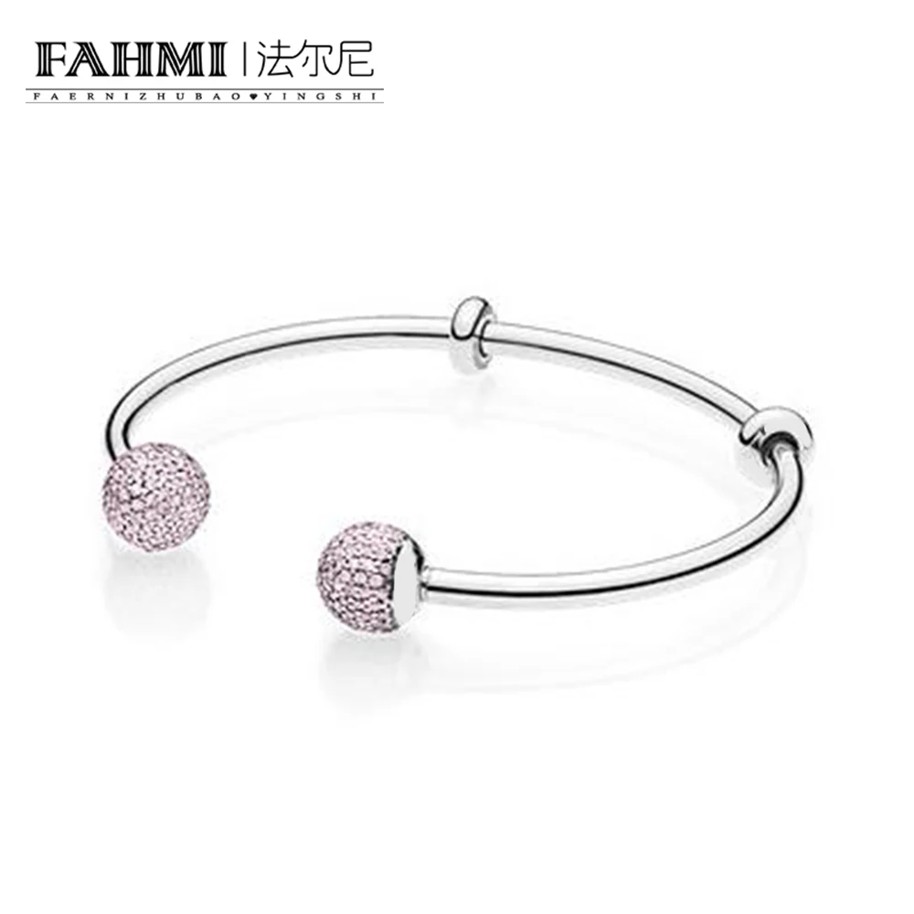 

FAMI 100% 925 Sterling Silver 1:1 Original 596438PCZ MOMENTS SILVER OPEN BANGLE WITH PAVE CAPS Pink Vintage Women's Gemstone